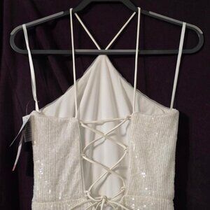 NWT 8 XScape Maxi White Sequin Lined Gown Dress Slip Style w/ Spaghetti Straps